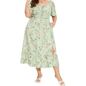 Women's 5x Floral Print Ruffle Short Sleeve Tie Front Slit Hem Boho Maxi Dress